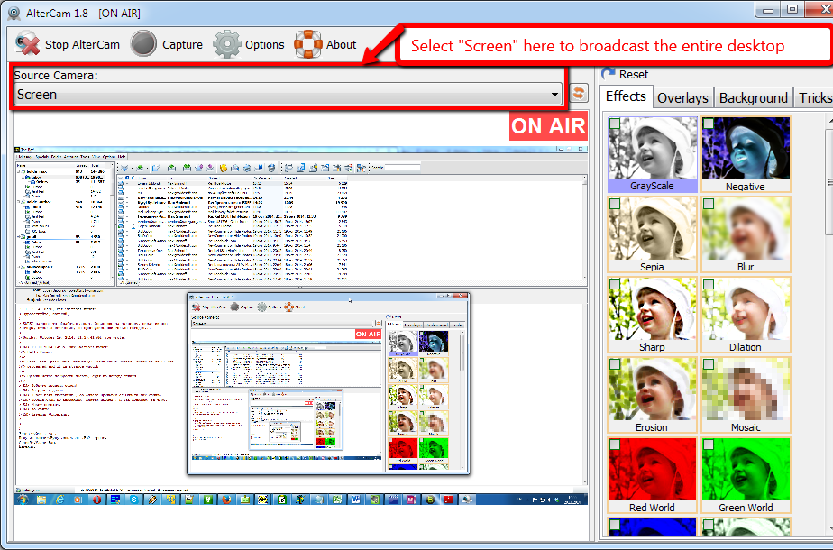 AlterCam: retransmitiendo SOLO la pantalla del escritorio. No se necesita una webcam real.