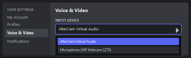 Select AlterCam Virtual Audio in Discord