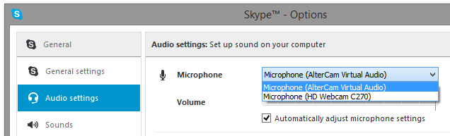 Select AlterCam Virtual Audio in Skype