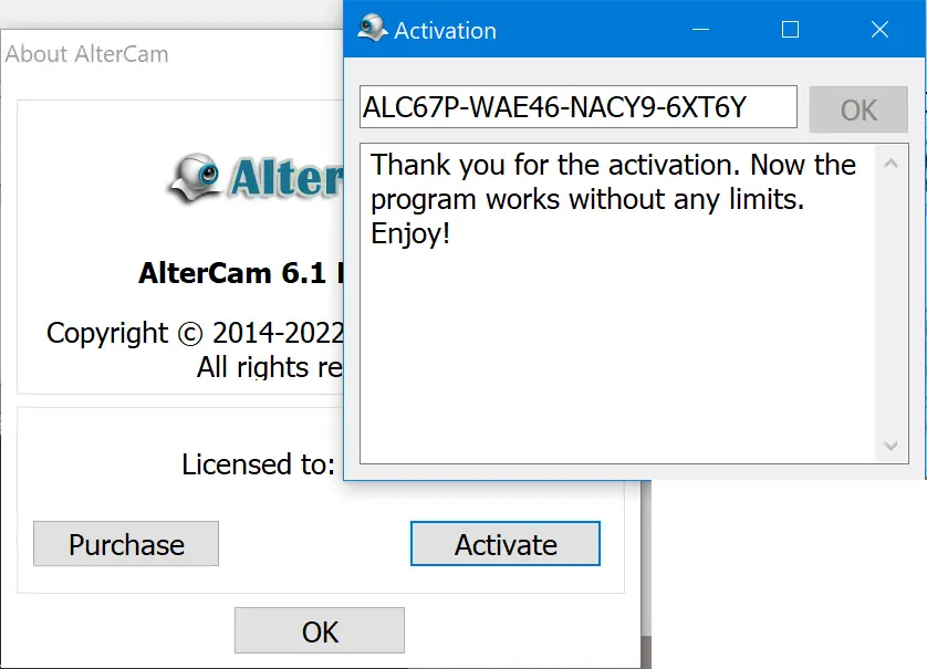 apply AlterCam activation code
