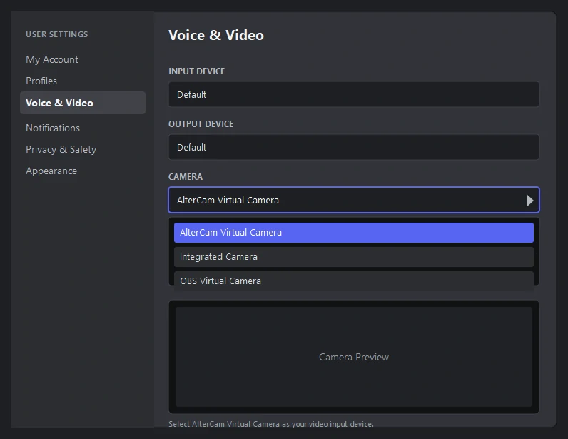 AlterCam: selecting virtual webcam in Discord