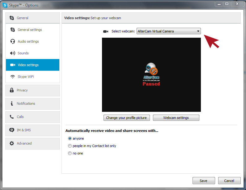 AlterCam: selecting virtual webcam in Skype