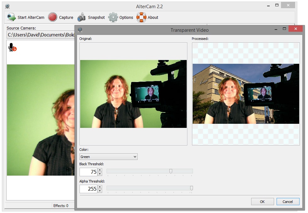Checking background with Chromakey in AlterCam