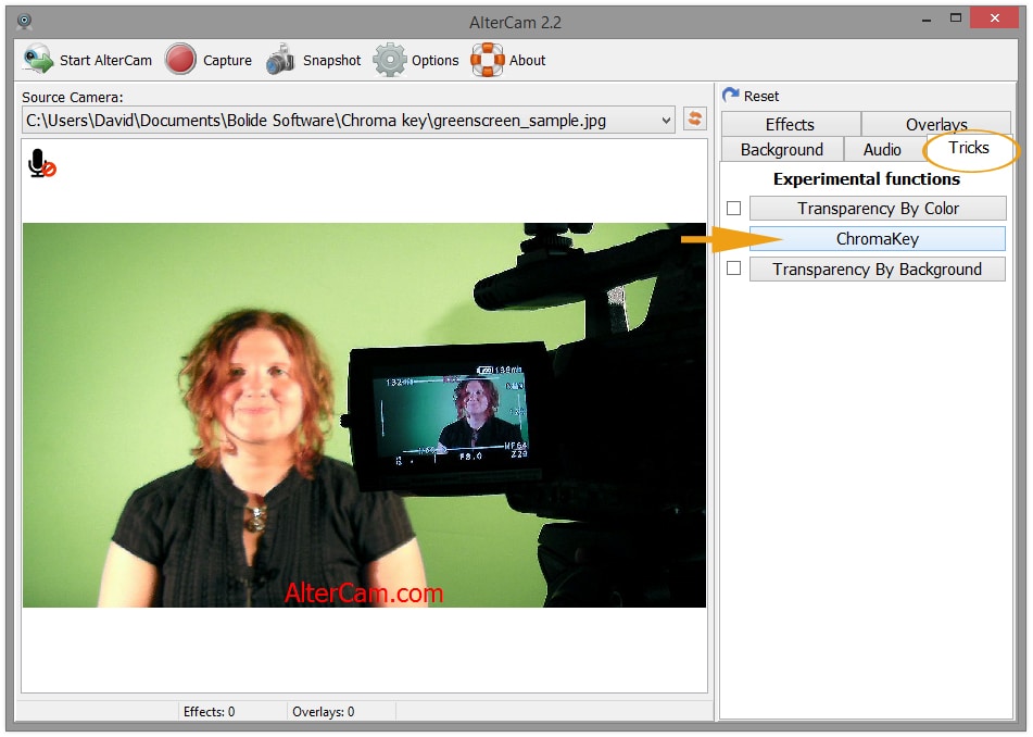 Select the Chromakey tab in AlterCam