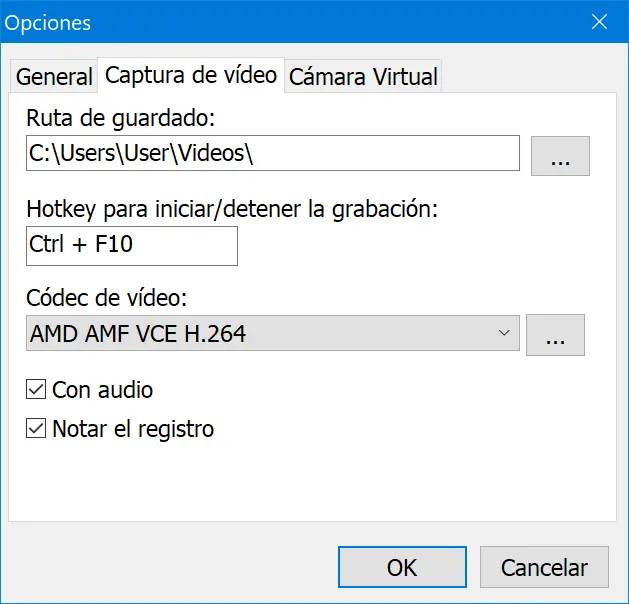 configuración de grabación del vídeo con cámara web