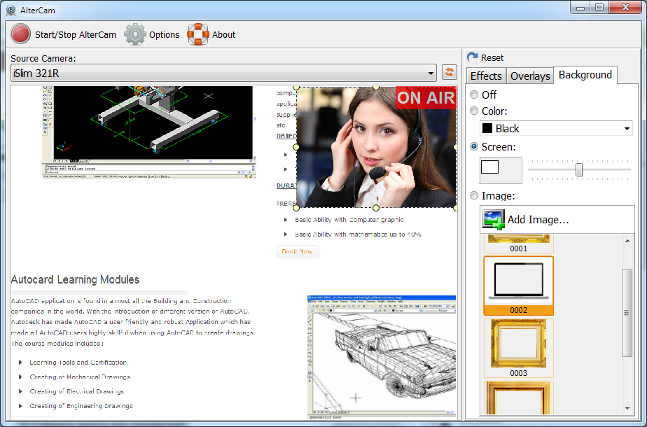 AlterCam: desktop broadcasting with webcam overlay
